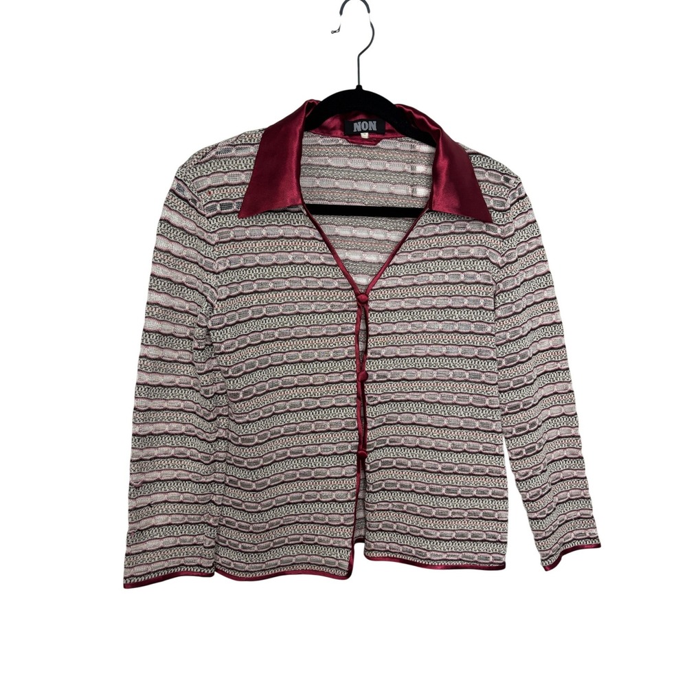 Y2K Non Burgundy Satin Collar Textured Knit Button Front Cardigan Sz M